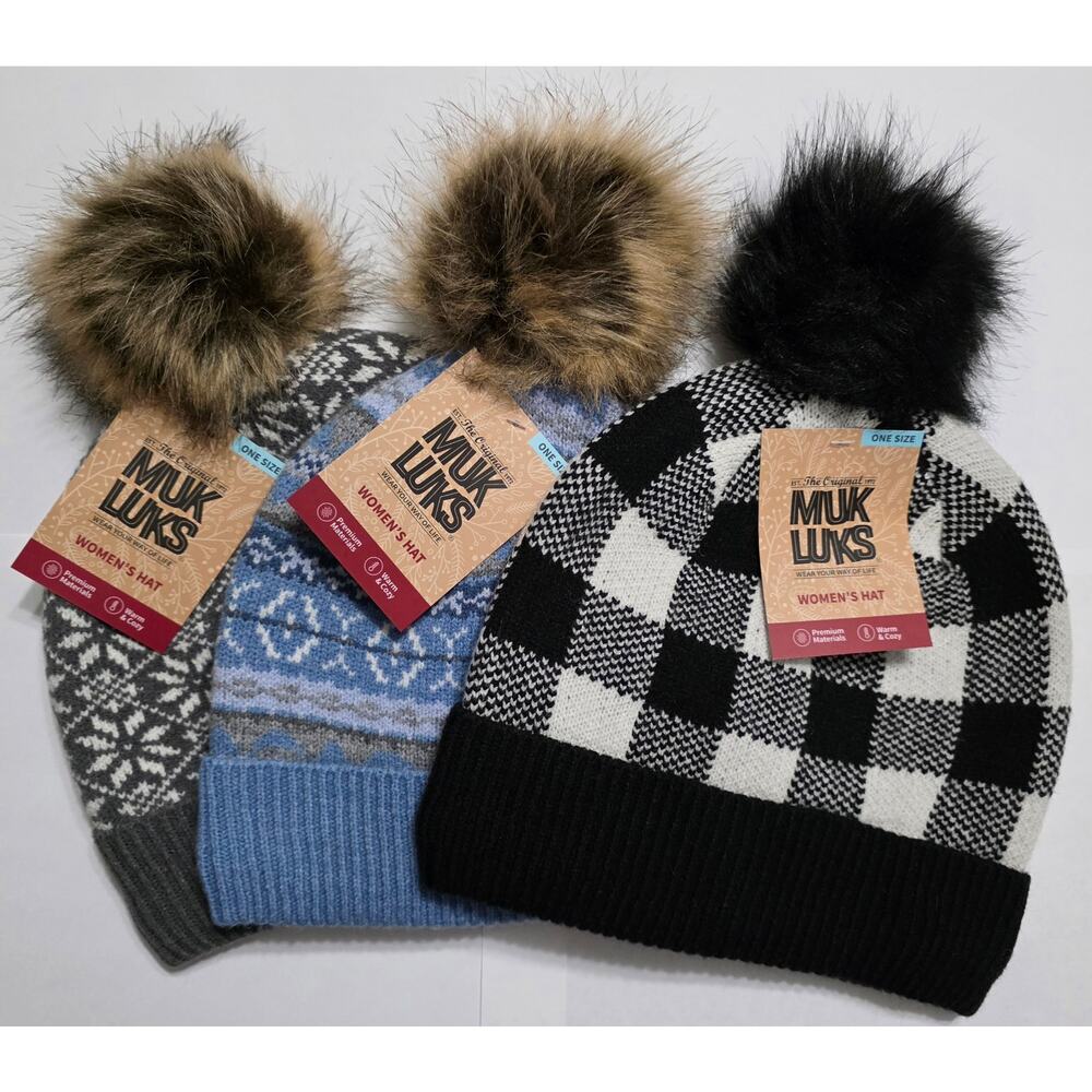 NWT MUK LUKS Women’s Beanie Hat Bundle (Lot of 3) Charcoal Ebony & Checker